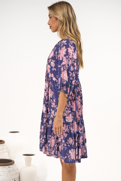 Marah Mini Dress - Mandarin Collar Short Sleeve with Tie Smock Dress in Hollis Print Navy