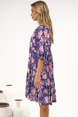 Marah Mini Dress - Mandarin Collar Short Sleeve with Tie Smock Dress in Hollis Print Navy