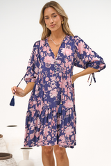 Marah Mini Dress - Mandarin Collar Short Sleeve with Tie Smock Dress in Hollis Print Navy