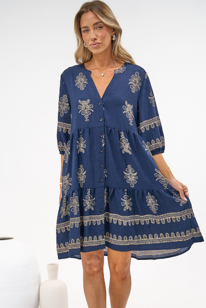 Sorrento Mini Dress - V-Neck Shift Dress with Balloon Sleeves in Mariposa Print