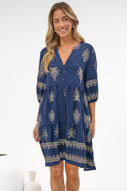 Sorrento Mini Dress - V-Neck Shift Dress with Balloon Sleeves in Mariposa Print