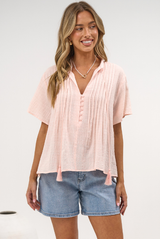 Havana Blouse - Pintuck Button Down Top with Flutter Sleeves and Neck Tie in Pink