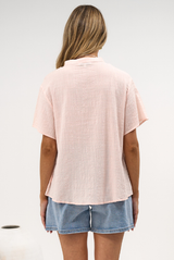 Havana Blouse - Pintuck Button Down Top with Flutter Sleeves and Neck Tie in Pink