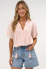 Havana Blouse - Pintuck Button Down Top with Flutter Sleeves and Neck Tie in Pink