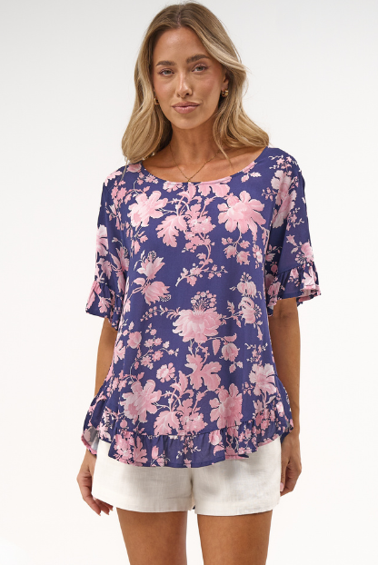 Lyra Blouse - Frill Detailed High Low Relaxed Pull Over Blouse in Hollis Print Navy