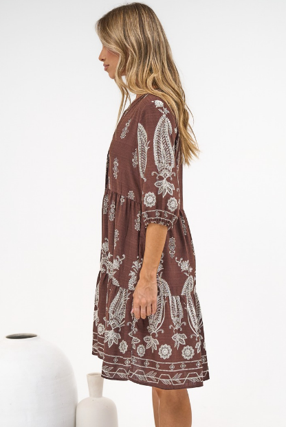 Sorrento Mini Dress - V-Neck Shift Dress with Balloon Sleeves in Houston Print