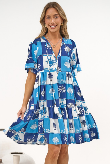 Abilia Mini Dress - Mandarin Collar Smock Dress in Serena Print Blue