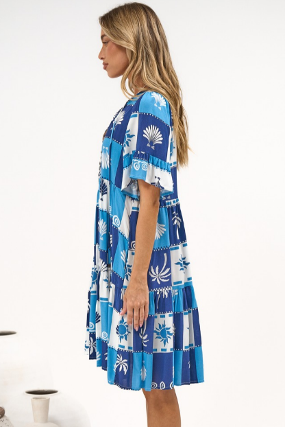 Abilia Mini Dress - Mandarin Collar Smock Dress in Serena Print Blue