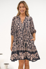 Marah Mini Dress - Mandarin Collar Short Sleeve with Tie Smock Dress in Rosette Print Black