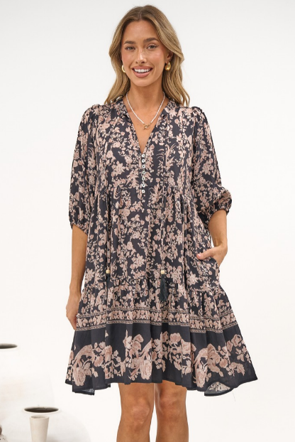 Marah Mini Dress - Mandarin Collar Short Sleeve with Tie Smock Dress in Rosette Print Black