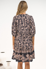 Marah Mini Dress - Mandarin Collar Short Sleeve with Tie Smock Dress in Rosette Print Black