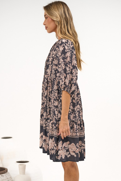 Marah Mini Dress - Mandarin Collar Short Sleeve with Tie Smock Dress in Rosette Print Black