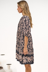 Marah Mini Dress - Mandarin Collar Short Sleeve with Tie Smock Dress in Rosette Print Black