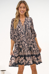 Marah Mini Dress - Mandarin Collar Short Sleeve with Tie Smock Dress in Rosette Print Black
