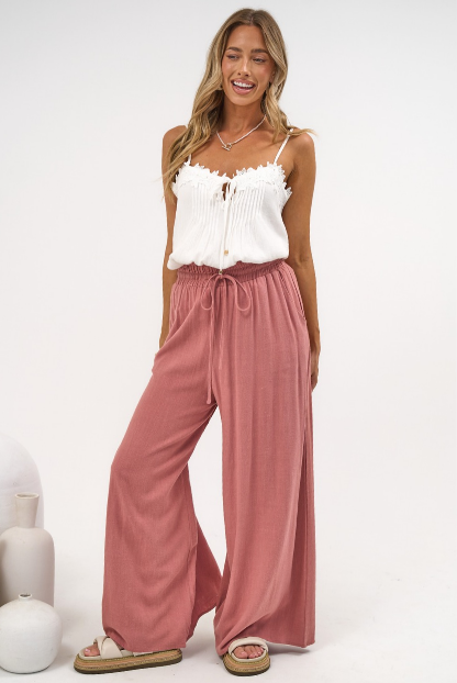 Anastasia Pants - High Waisted Wide Leg Linen Pants In Guava