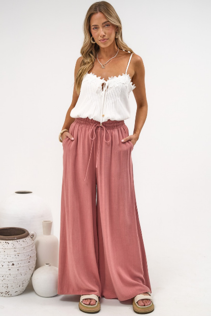 Anastasia Pants - High Waisted Wide Leg Linen Pants In Guava