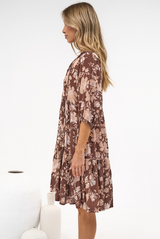 Marah Mini Dress - Mandarin Collar Short Sleeve with Tie Smock Dress in Hollis Print Brown