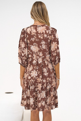 Marah Mini Dress - Mandarin Collar Short Sleeve with Tie Smock Dress in Hollis Print Brown
