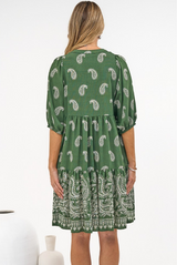 Mirtes Mini Dress - Mandarin Collar Short Sleeve with Tie Smock Dress in Cleo Print Green