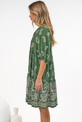 Mirtes Mini Dress - Mandarin Collar Short Sleeve with Tie Smock Dress in Cleo Print Green