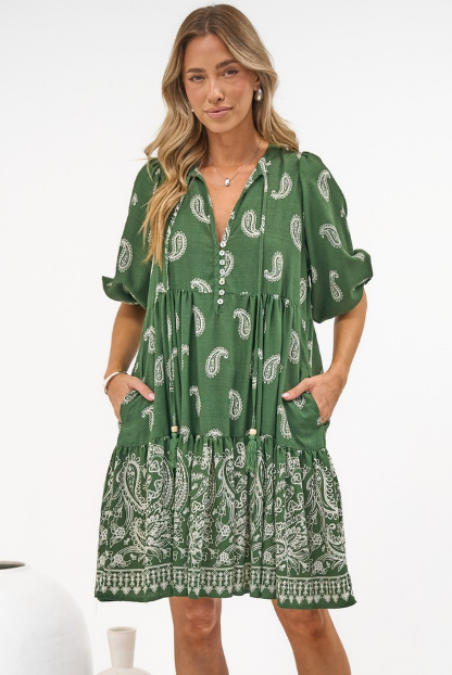 Mirtes Mini Dress - Mandarin Collar Short Sleeve with Tie Smock Dress in Cleo Print Green