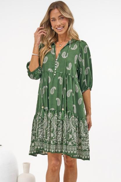 Mirtes Mini Dress - Mandarin Collar Short Sleeve with Tie Smock Dress in Cleo Print Green
