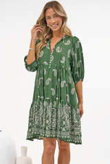 Mirtes Mini Dress - Mandarin Collar Short Sleeve with Tie Smock Dress in Cleo Print Green