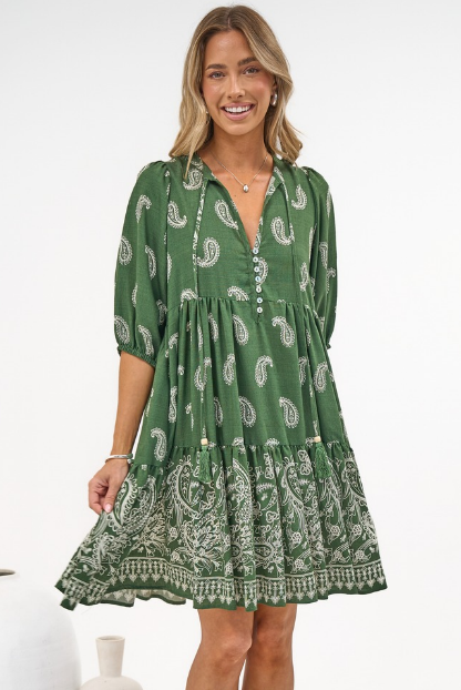 Mirtes Mini Dress - Mandarin Collar Short Sleeve with Tie Smock Dress in Cleo Print Green
