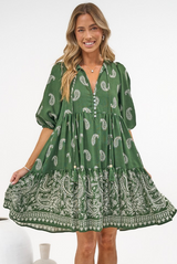 Mirtes Mini Dress - Mandarin Collar Short Sleeve with Tie Smock Dress in Cleo Print Green