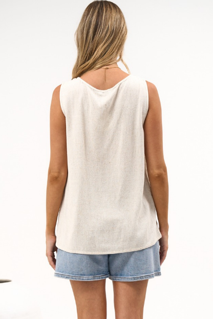 Arlete Top - V Neck Singlet with Lattice Detail Side Seams in Beige