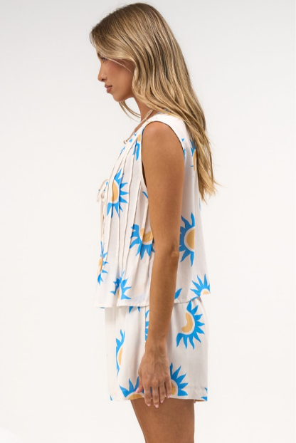 Natalia Top - V Neckline Pintuck Top in Aloha Sunset Print