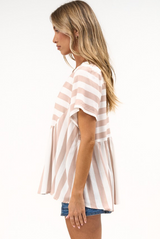Amister Top - Pull Over Top with Rick Rack Detailing in Gaubi Print Beige