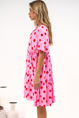 Abilia Mini Dress - Mandarin Collar Smock Dress in Connie Print Pink/Red