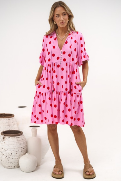Abilia Mini Dress - Mandarin Collar Smock Dress in Connie Print Pink/Red