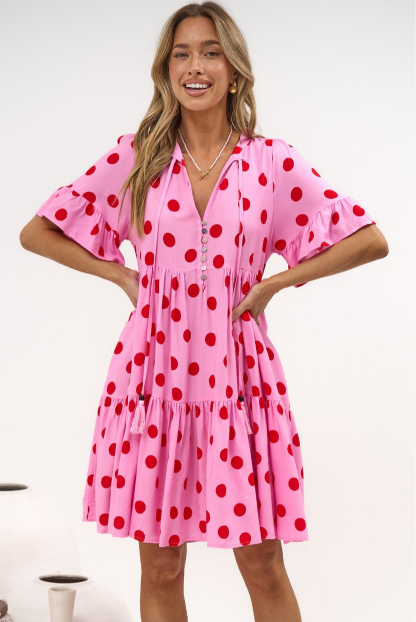 Abilia Mini Dress - Mandarin Collar Smock Dress in Connie Print Pink/Red
