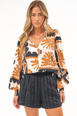 Violet Blouse - Frill Collar Button Down Balloon Sleeve Blouse In Zuni Print