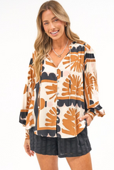 Violet Blouse - Frill Collar Button Down Balloon Sleeve Blouse In Zuni Print