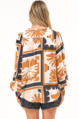 Violet Blouse - Frill Collar Button Down Balloon Sleeve Blouse In Zuni Print