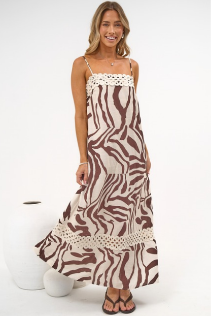 Marcella Maxi Dress - Spaghetti Strap Sun Dress with Lace Trims in Mustique Print