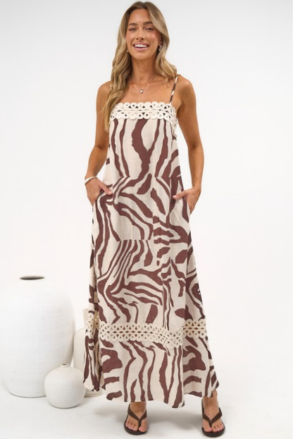 Marcella Maxi Dress - Spaghetti Strap Sun Dress with Lace Trims in Mustique Print
