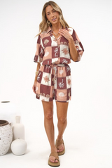 Mirian Button Up Shirt And Shorts Set - Serena Print Tan