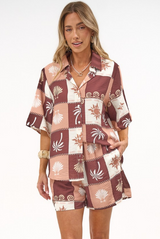 Mirian Button Up Shirt And Shorts Set - Serena Print Tan