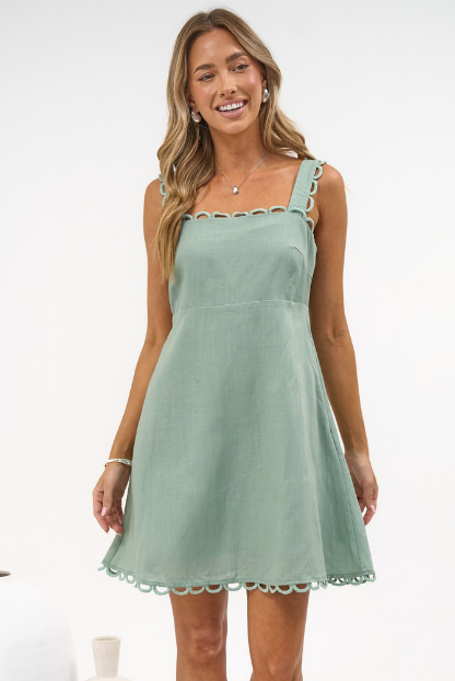 Darla Mini Dress - Scallop Trim Thick Strap Cotton Sun Dress in Khaki