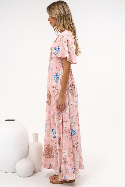 Ashby Maxi Dress - On or Off Shoulder A-Line Dress with Pockets in Everrose Print
