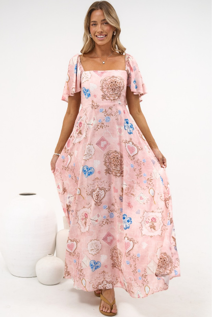 Ashby Maxi Dress - On or Off Shoulder A-Line Dress with Pockets in Everrose Print