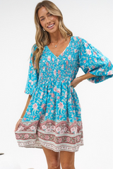 Brissa Mini Dress - V-Neck Shirred Bodice Balloon Sleeve Dress in Marina Blu Print