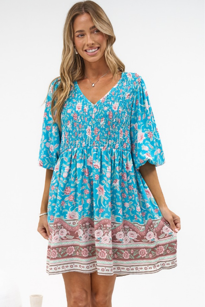 Brissa Mini Dress - V-Neck Shirred Bodice Balloon Sleeve Dress in Marina Blu Print