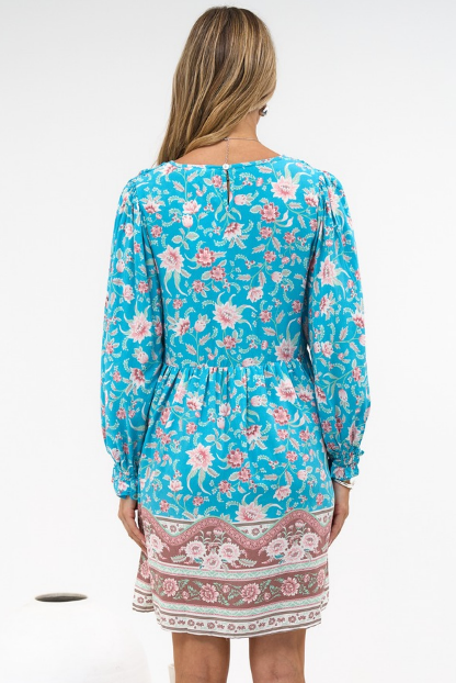 Brissa Mini Dress - V-Neck Shirred Bodice Balloon Sleeve Dress in Marina Blu Print