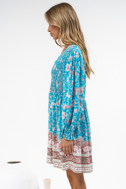 Brissa Mini Dress - V-Neck Shirred Bodice Balloon Sleeve Dress in Marina Blu Print