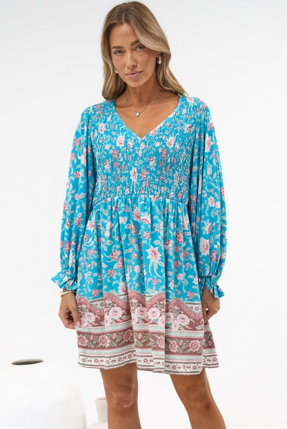 Brissa Mini Dress - V-Neck Shirred Bodice Balloon Sleeve Dress in Marina Blu Print